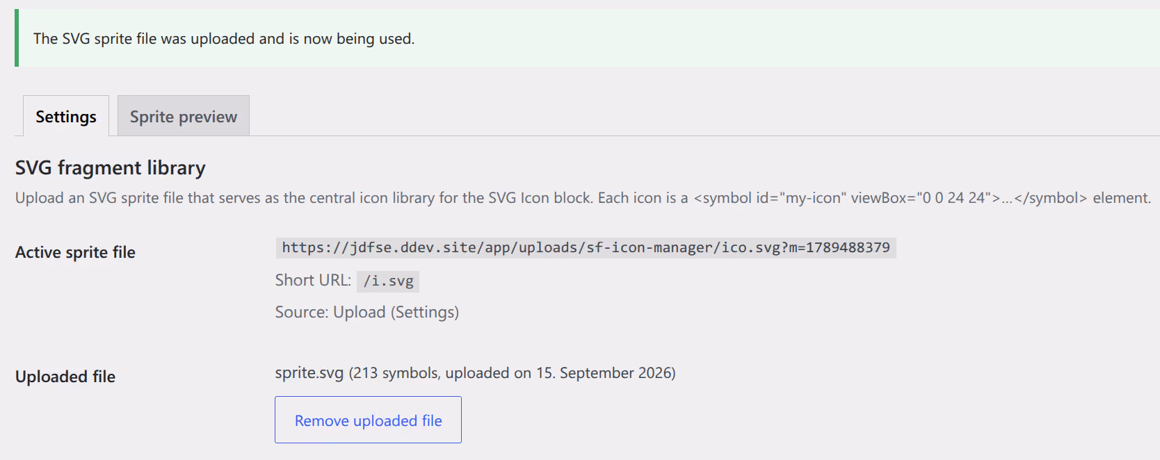 Plugin settings page (upload + active sprite file)